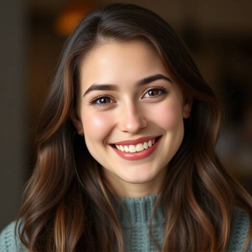 Eine junge Frau, Frau M√ºller, die selbstbewusst in die Kamera l√§chelt