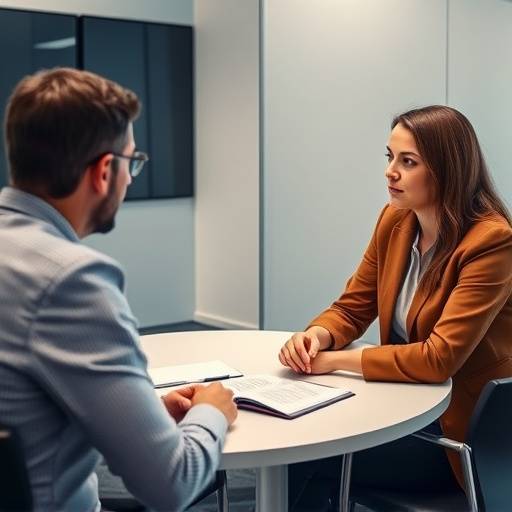 Teilnehmer in einem simulierten Vorstellungsgespr√§ch, beobachtet von einem Coach